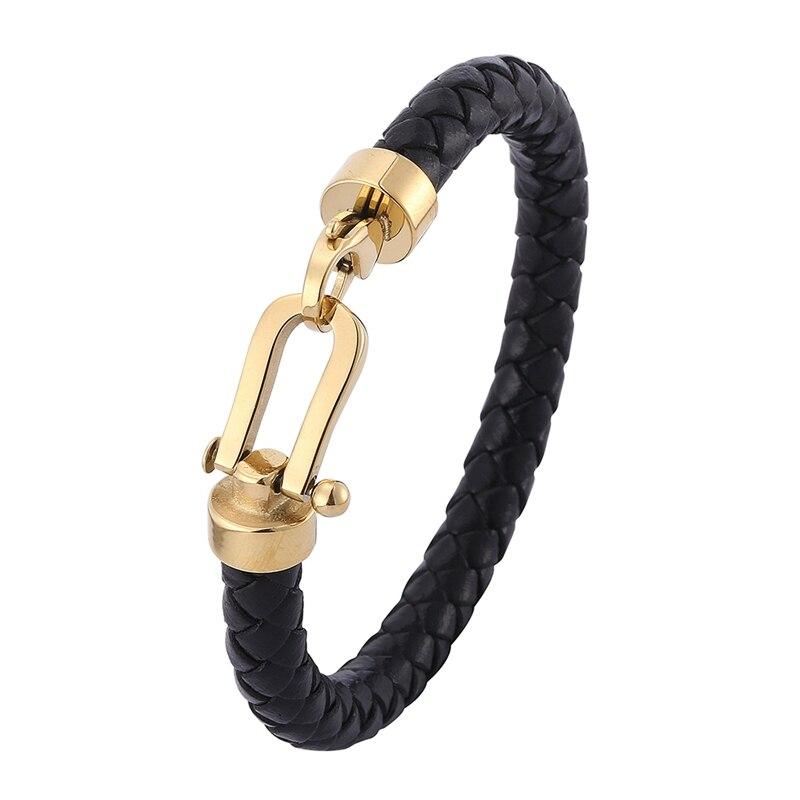 Trendy Men's Jewelry Black Braided Leather Bracelet Gold Color Stainless Steel Horseshoe Lobster Clasp Handmade Bracelets SP0760