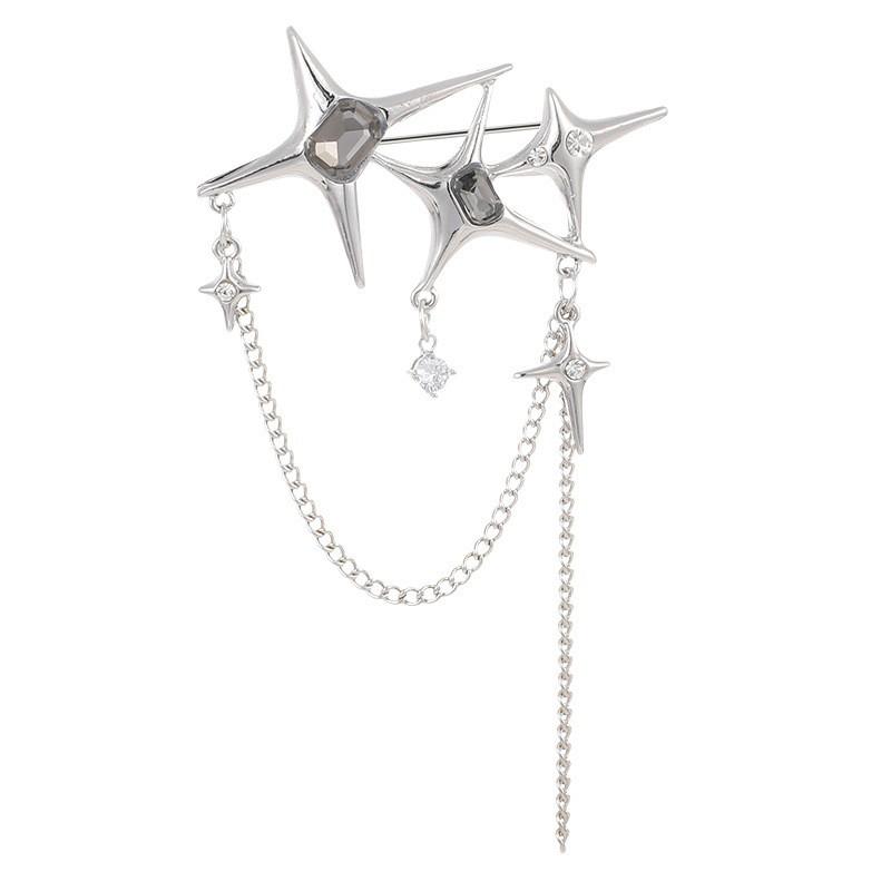 Korean New Fashion Four Stars Zircon Tassel Chain Metal Brooch for Women Men Suit Pin Cloth Moon Corsage Pin Clothing Jewelry