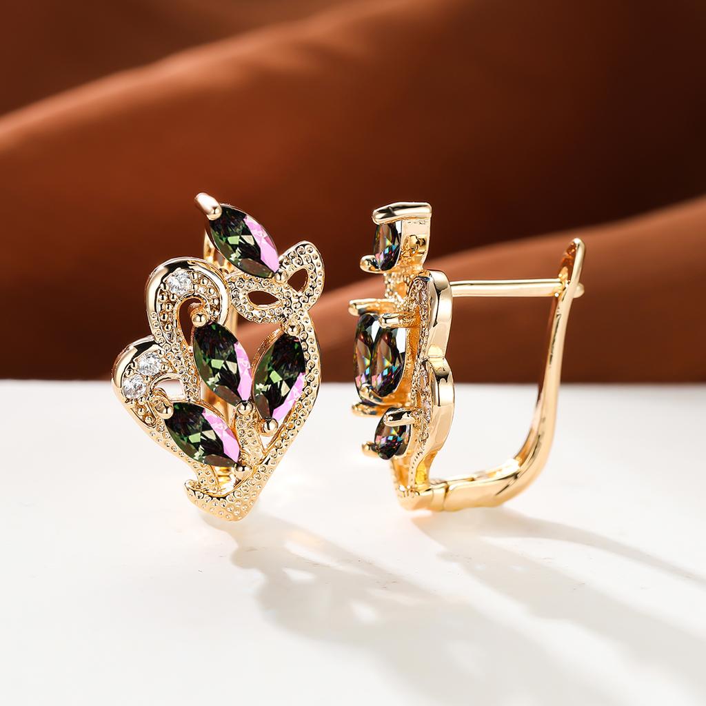 1 пара серег золотого цвета с радужным камнем и цветочным узором в виде листьев, красные, желтые, синие, зеленые, висячие полые серьги с камнями