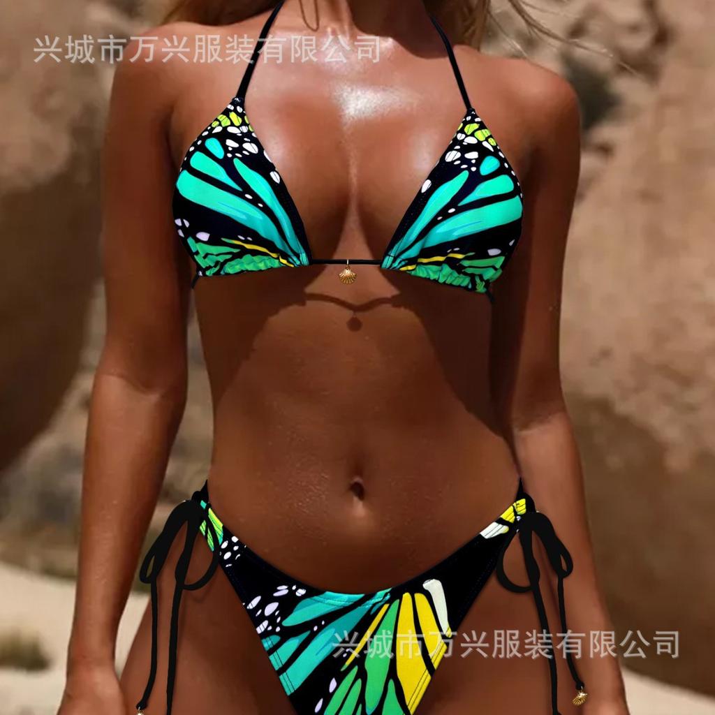 Fashion sexy bikini vacation butterfly print tie bikini three-point new swimsuit women