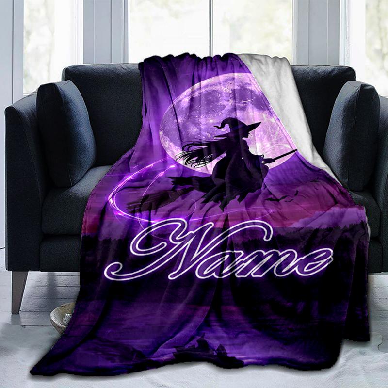 1PC Custom Name Moonlit Witch Flight outdooor Flannel blankets Throw Blanket All-Season Throw Gift Bedspread for Couch, Bed, Camping Holiday Birthday 