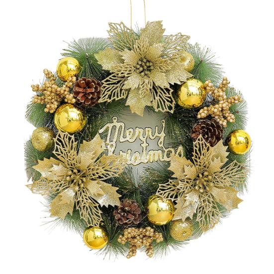 Christmas Wreath for Front Door Artificial Pine Needle Wreath with Balls Bows Flowers Merry Christmas Hanging Decor for Home Wall Window Porch Decor