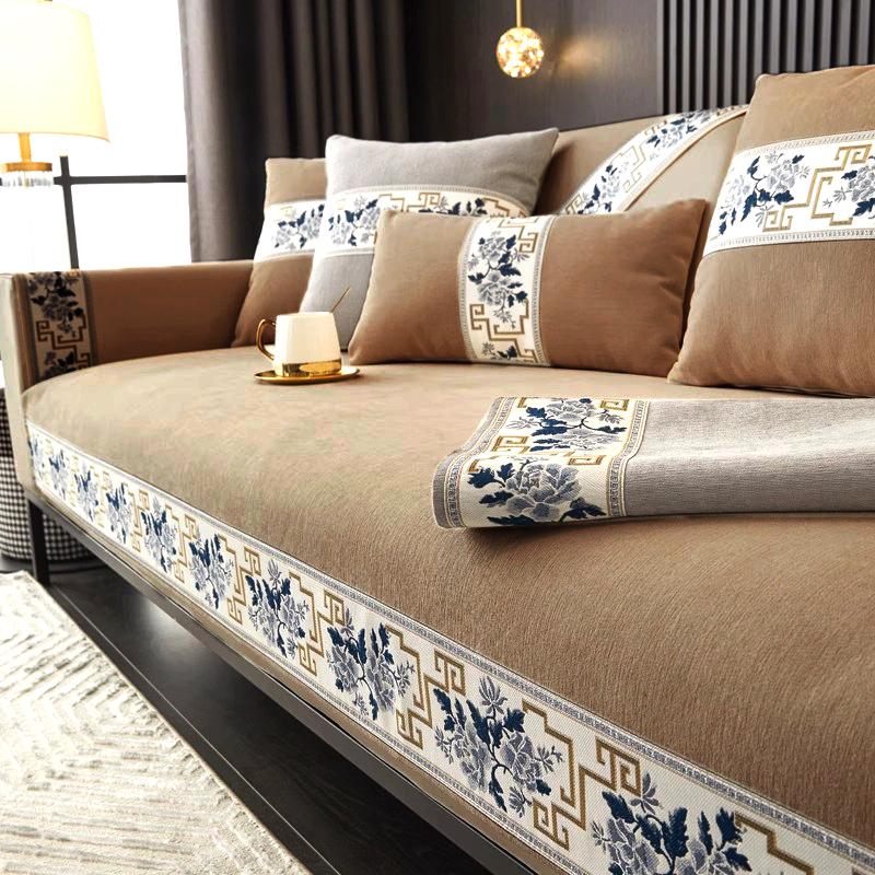 Однотонный чехол на диван с китайской вышивкой, серый шенилл, всесезонный, противоскользящая подушка для дивана, полностью закрывающий, пылезащитный диванный плед
