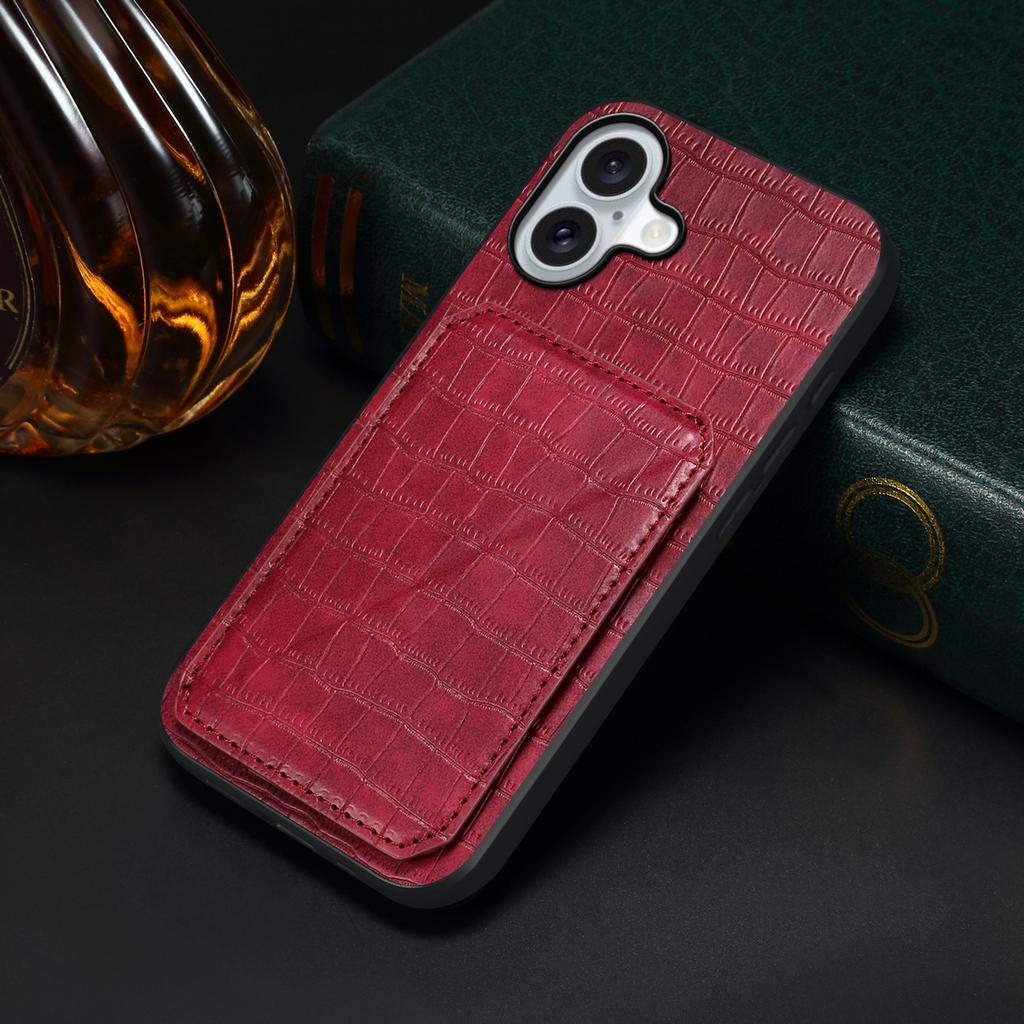 For iPhone 17 Case with Card Holder Leather+PC+TPU Crocodile Textured Back Cover