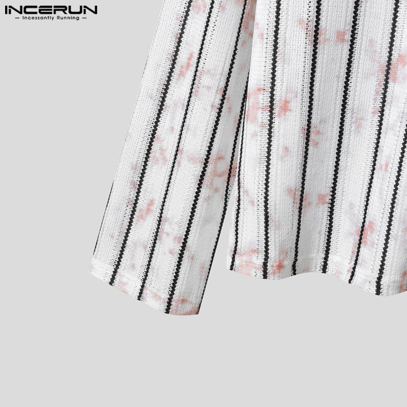 INCERUN Мужские топы и футболки с длинным рукавом, в полоску, крючком, с ажурной полупрозрачной текстурой