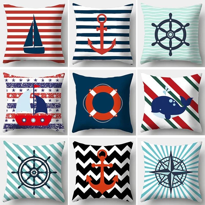 Home Decor Sailor Style Pattern Cushion Cover Square Bedroom Living Room Sofa Marine Theme Printed Cushion Cover 45cmX45cm