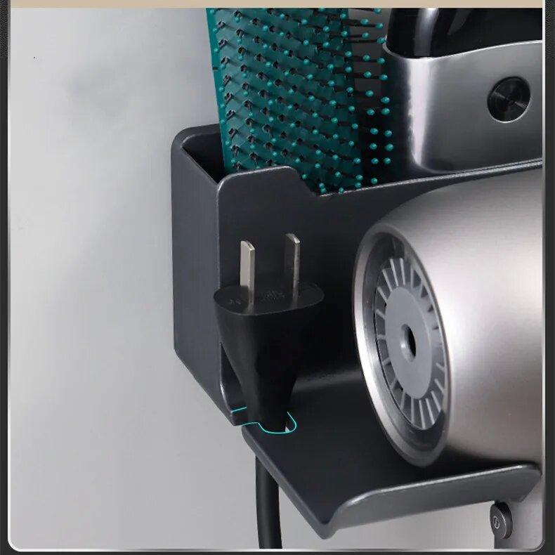 Многофункциональная полка для ванной комнаты с отделением для фена и корзинами для хранения вещей. Настенный пластиковый держатель для фена. Полка для ванной комнаты. Органайзер для ванной комнаты.