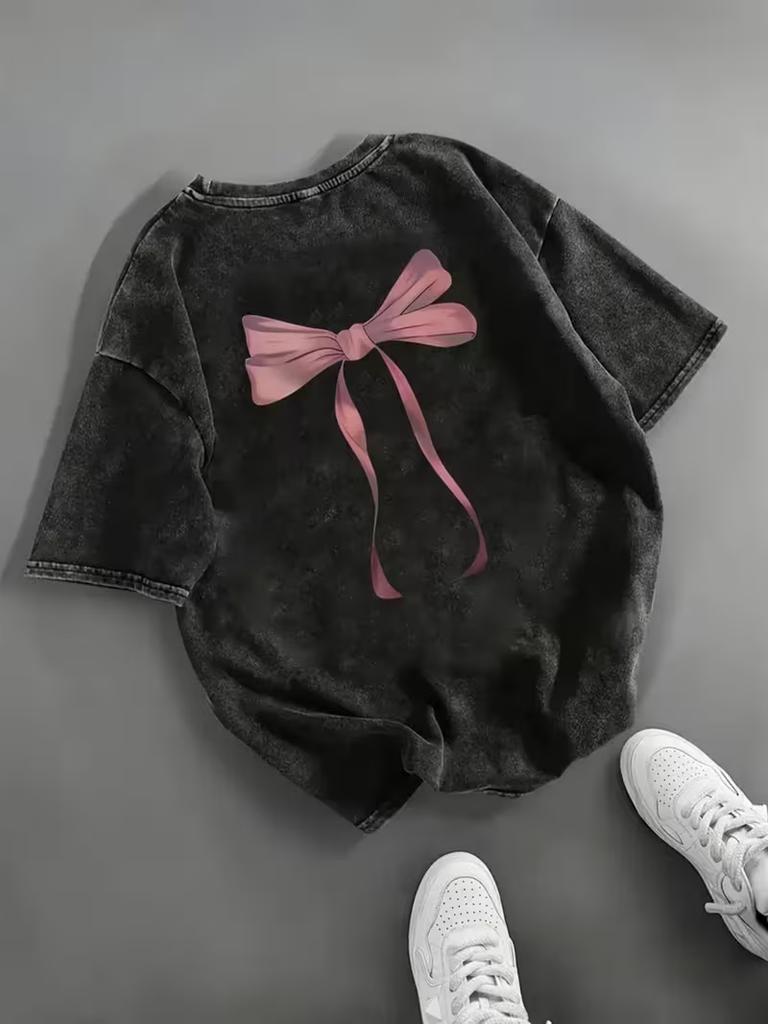 Pink Bow Knot Ribbon Graphic TShirt Relaxed Retro Washed Tee For Women Travel Daily Vacation Stylish Casual Street Looks