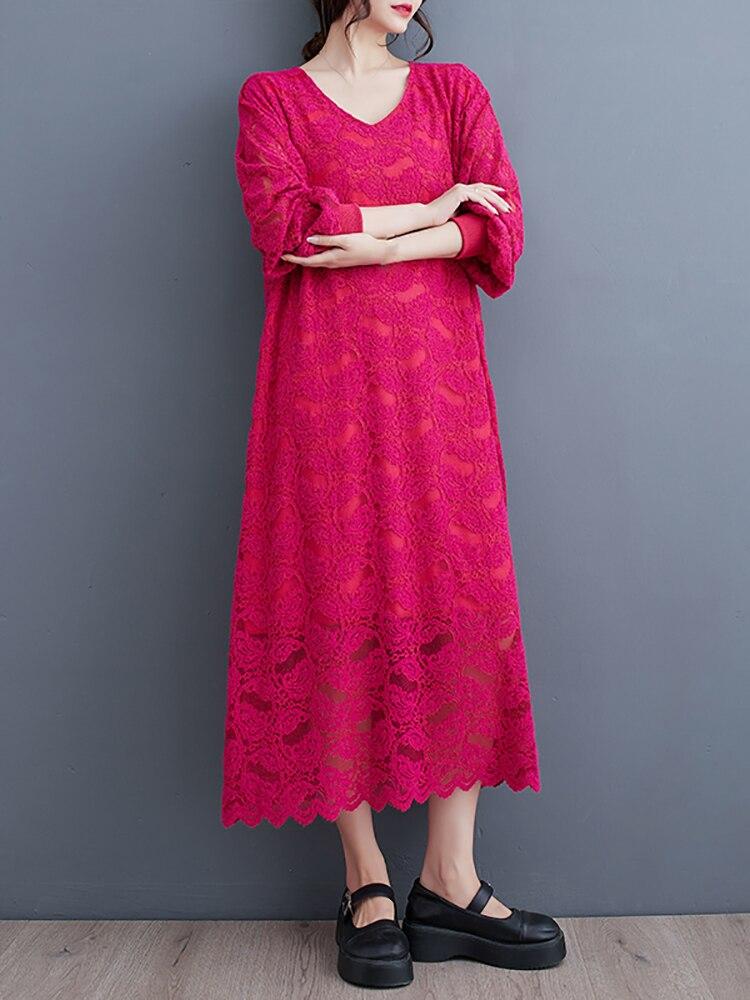 Xitao Повседневное кружевное платье с длинными рукавами DMJ2338