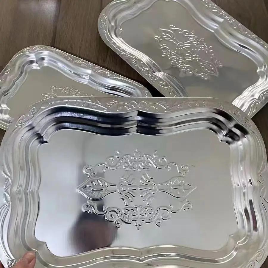 1 шт. Прямоугольный поднос из нержавеющей стали с тисненым дизайном для хранения на кухне, в гостиной, прочное блюдо для подачи фруктов, закусок, торта