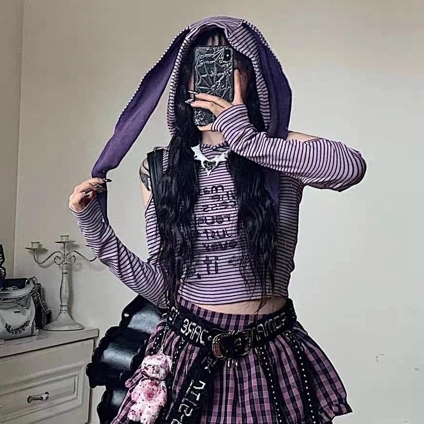 Y2k Rabbit Ears Graphic Crop T Shirts Women Harajuku Kawaii Striped Off Shoulder Hood Tops Aesthetic Goth Cute Lolita Tees