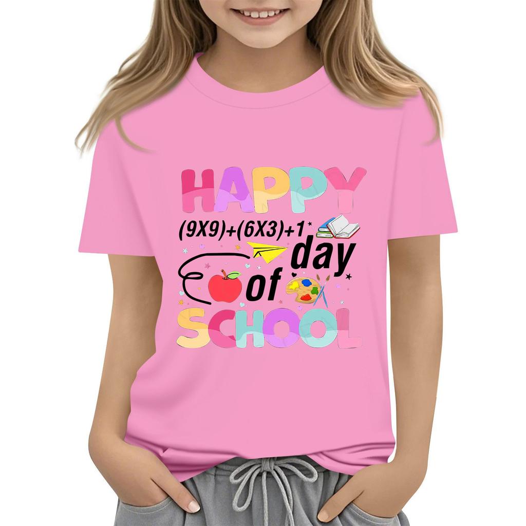 Kids Fashion Casual Short Sleeve 100 Day School Anniversary Printed Round Neck T-Shirt Top