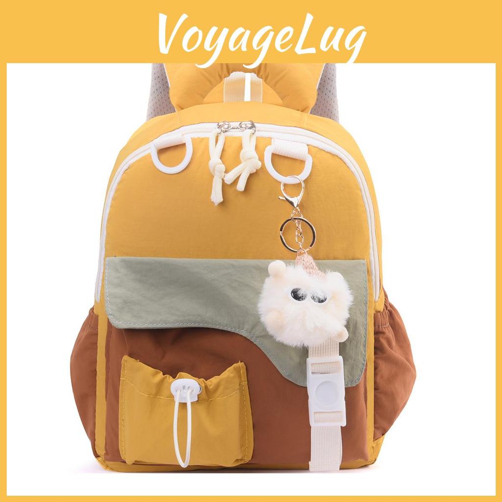 Childrens Color Blocked Backpack With Plush Pendant For School And Outings