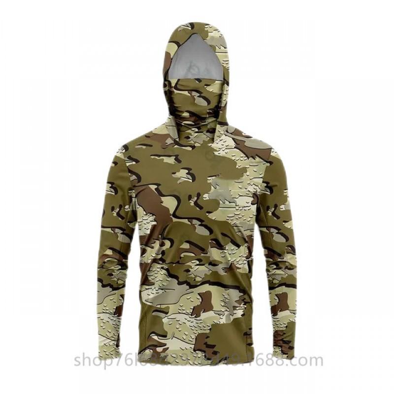 Mens Ice Silk Long Sleeve Fishing Shirt With Integrated Camo Face Cover Hood UPF50 Sun Protection Lightweight Quick Dry