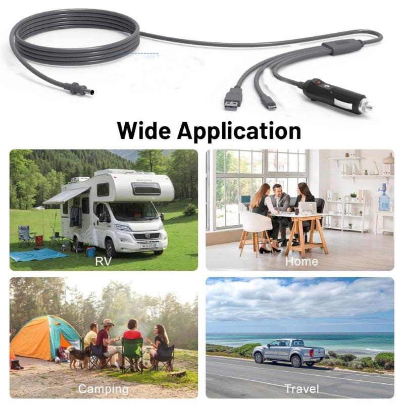 Мини-кабель питания 10 футов 3 в 1 с автомобильным зарядным устройством USB C и водонепроницаемым кабелем DCDC