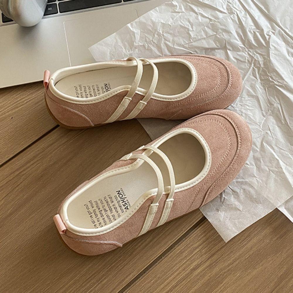 Туфли Мэри Джейн в стиле Color Blocking Женские из синтетической кожи Противоскользящие с круглым носком на плоской подошве Уличный стиль Балетный стиль Одиночные туфли