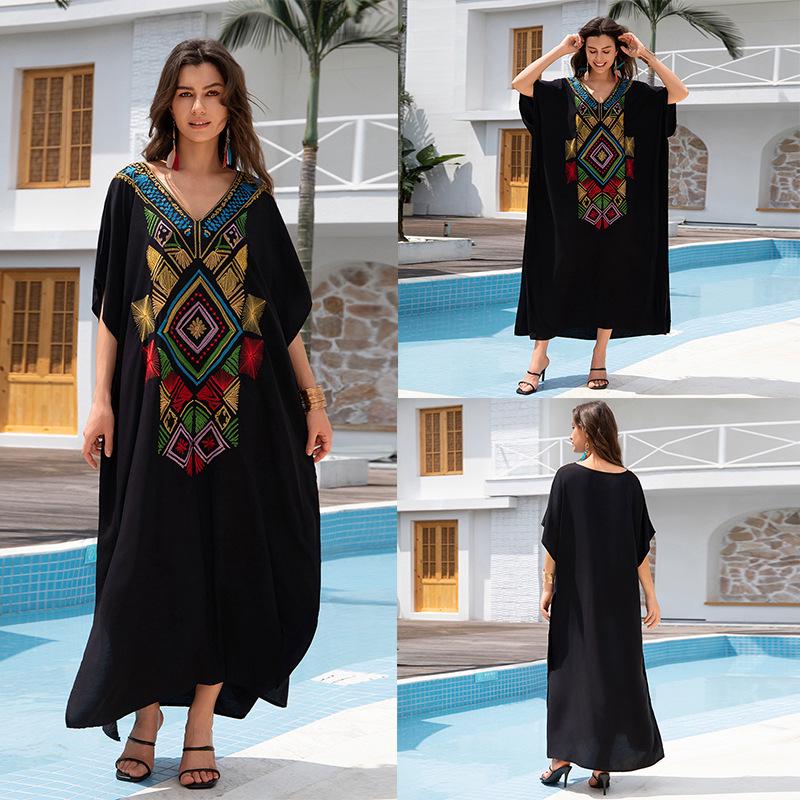 «Хлопковая юбка макси с европейской и американской вышивкой»: Женский пляжный солнцезащитный халат.