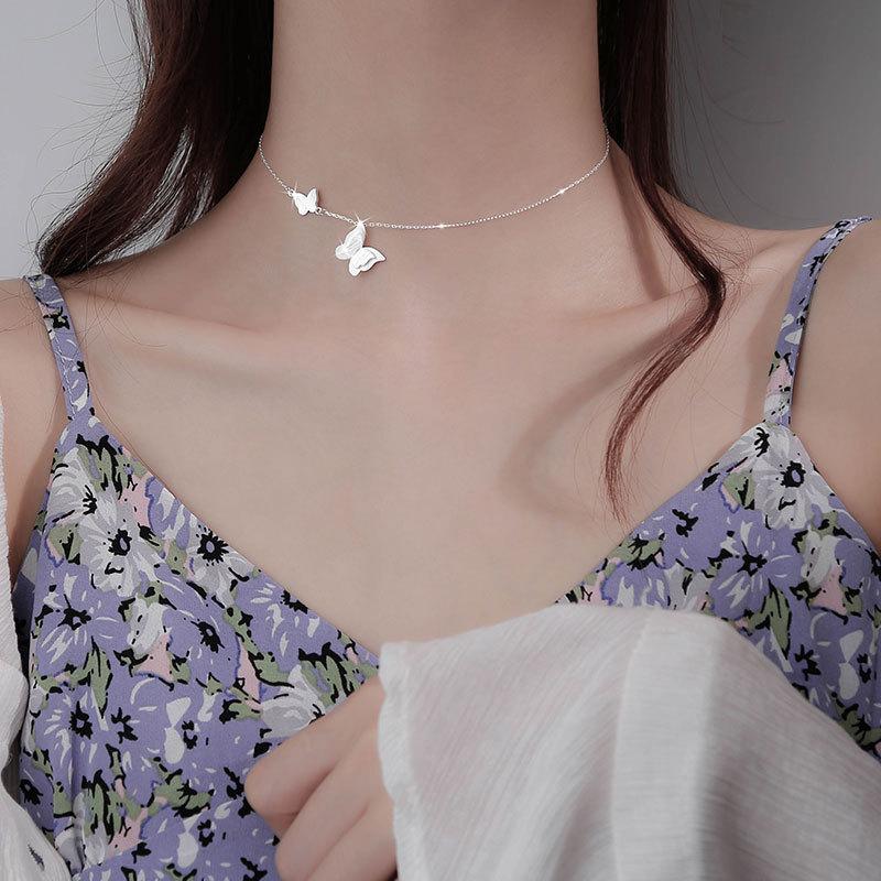 Choker Necklaces for Women 925 Silver Double Butterfly Elegant Charm Pendants Necklace Statement Jewelry Dz693