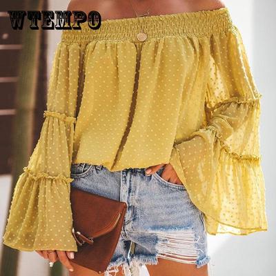 Шифоновая блузка с длинным рукавом и открытыми плечами, однотонный топ, женские свободные футболки, летние повседневные сексуальные рубашки больших размеров, женские рубашки с пышными рукавами