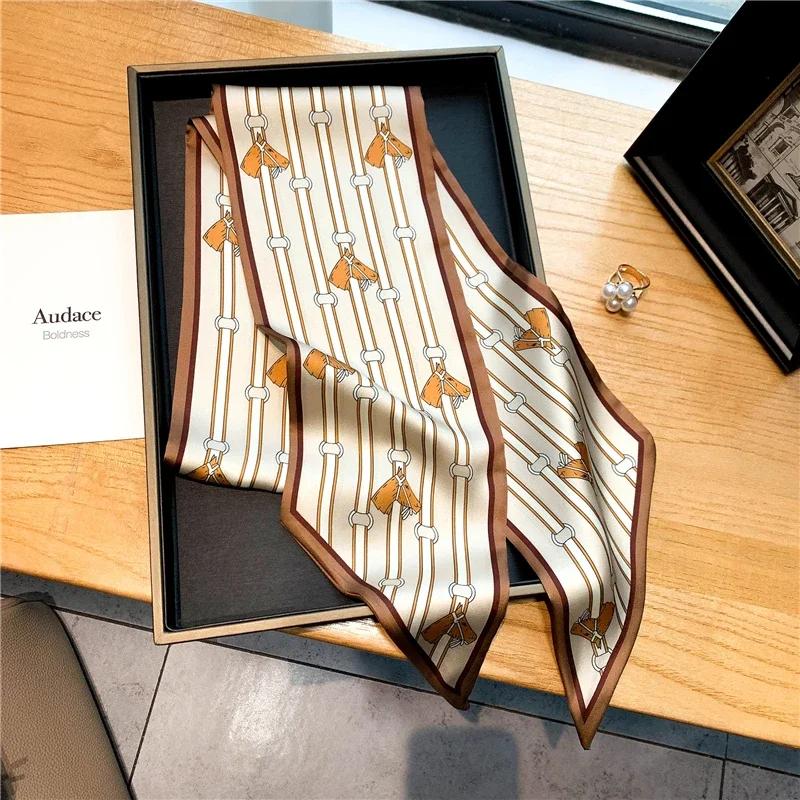 Luxury Long Silk Scarf Female Animal Horse Print Thin Narrow Scarf Bag Hair Band Ribbon Scarfs Women Neckerchief