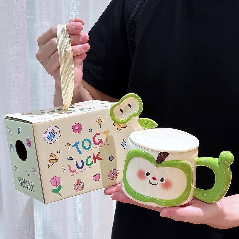 Cute Apple Ceramic Mug with Lid Spoon Men and Women High Looking Couples Office and Household Drinking Water Birthday Gift