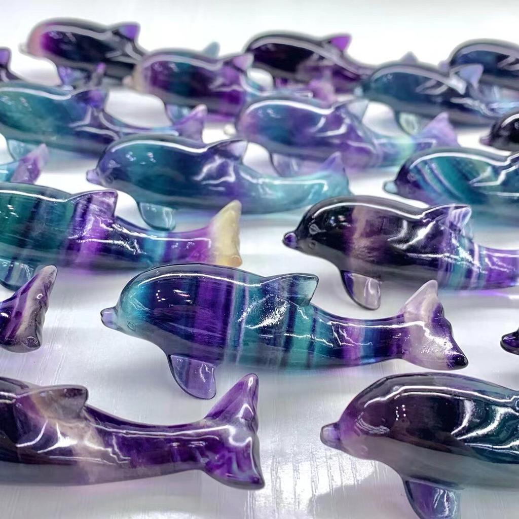 Natural rainbow Fluorite Dolphin Ornament Healing Carving Crystal Animal for Home Decoration