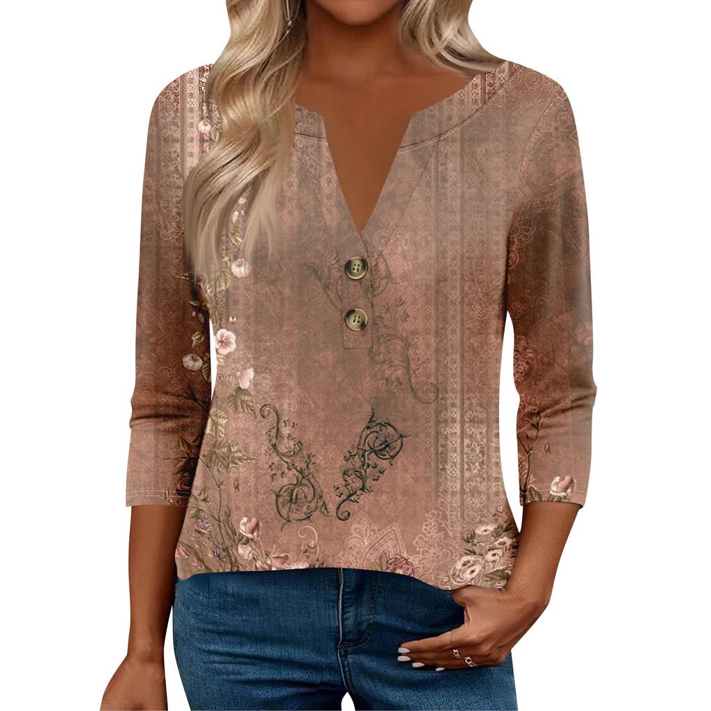 Женские топы с рукавом 3/4 для женщин, топы хенли на пуговицах с V-образным вырезом, нарядные летние женские топы свободного кроя
