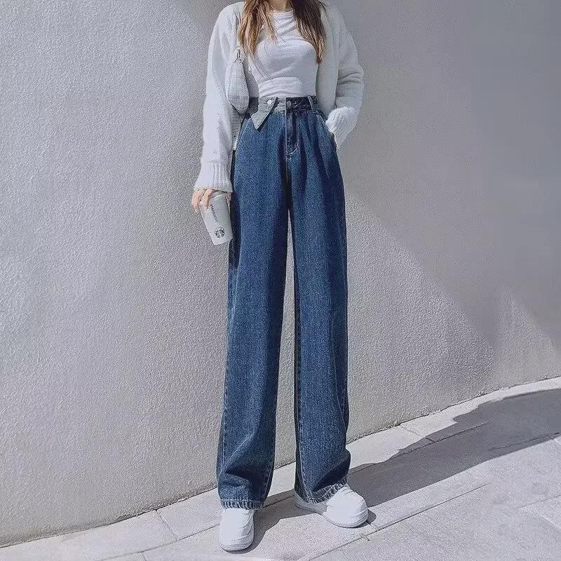 Женские джинсы с высокой талией и широкими штанинами: 2024 Маленький размер, Длина до пола, Прямой крой для весны и осени