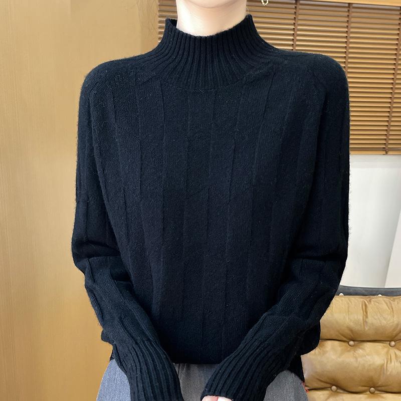 Thick Knit Half-High Collar Wool Sweater - Loose Fit Pullover