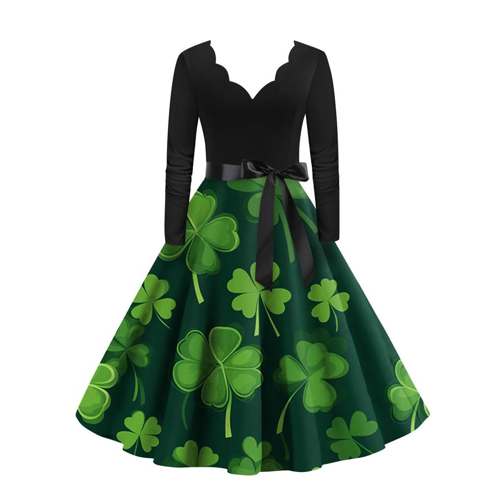 Women's Vintage Classic Dress Long Sleeve St. Patrick's Day Print V-neck Swing Dress