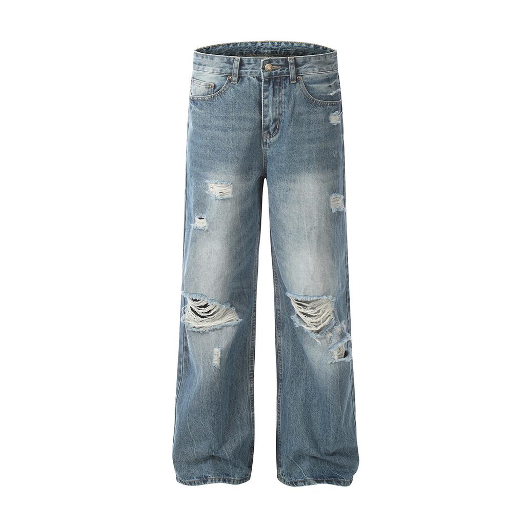 Tide brand American washed erosive ripped blue jeans straight men's tide vibe trousers
