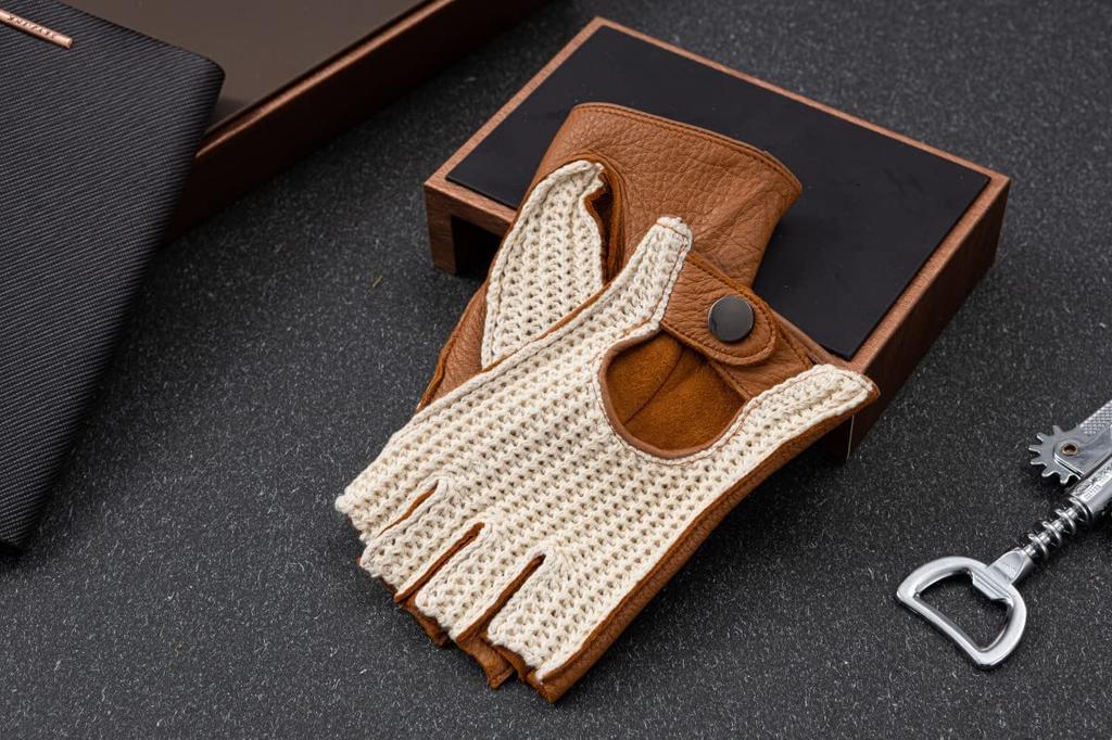 NappaNovum Deerskin Leather Crochet Driving Large Cord-Back Gloves, Camel,