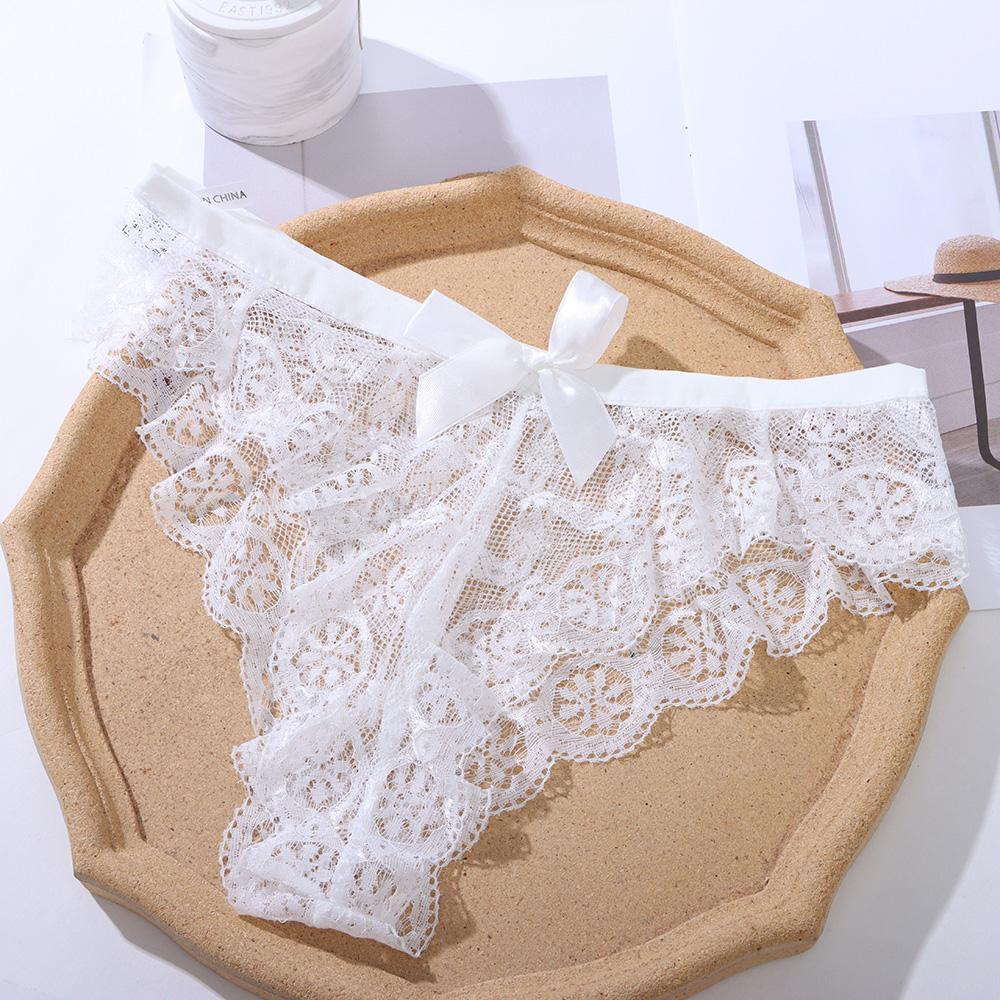 1PC Women Thong Sexy Panties Hollow Bow Panties Lace Flowers G String Ladies Breathable Transparent Black And White Briefs