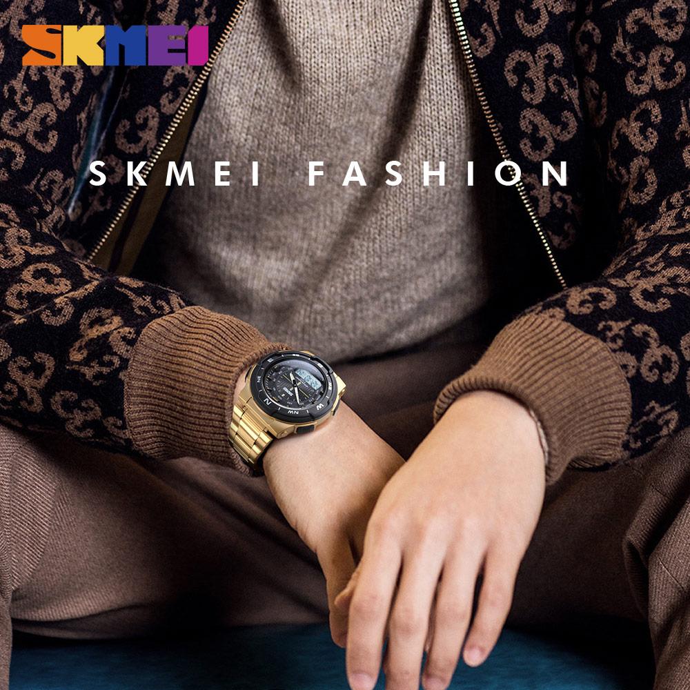 Skmei Новые мужские модные спортивные часы, повседневные водонепроницаемые часы, многофункциональные цифровые наручные часы с двойным дисплеем из нержавеющей стали, мужские часы 1370