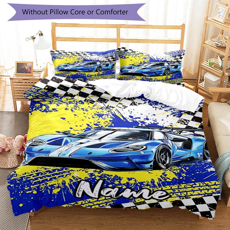 3pcs Custom Name Car Bedding Set Duvet Cover Closure Includes 1 Duvet Cover & 2 Pillowcases, Soft and Comfortable for All Seasons.