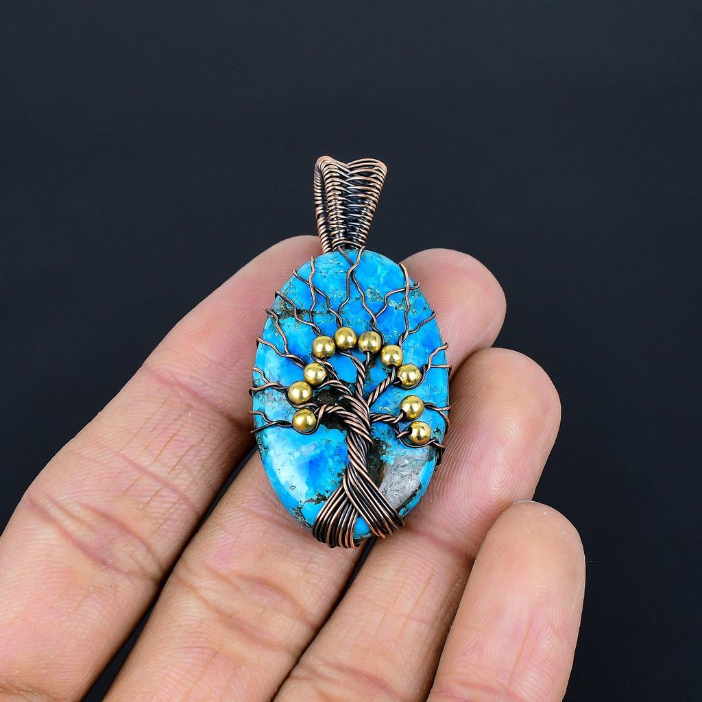 Blue Turquoise Handmade Gemstone Pendant, 999 Copper Wire Wrapped Antique Jewelry Pendant, For Engagement Gift