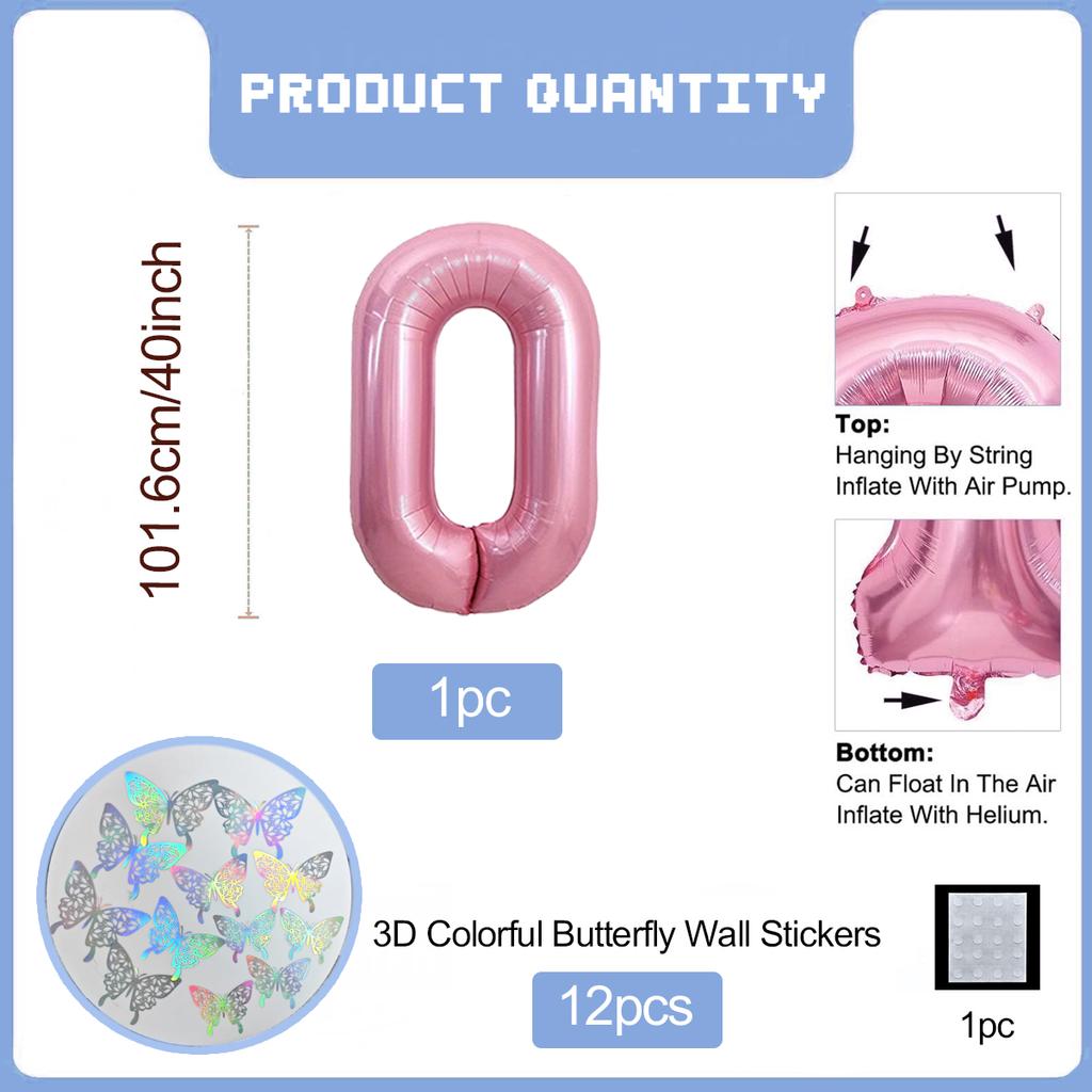 Pink Butterfly Number Balloon, 3D Stereoscopic Butterfly Number 0-9 Used for Anniversary Birthday Party Photography