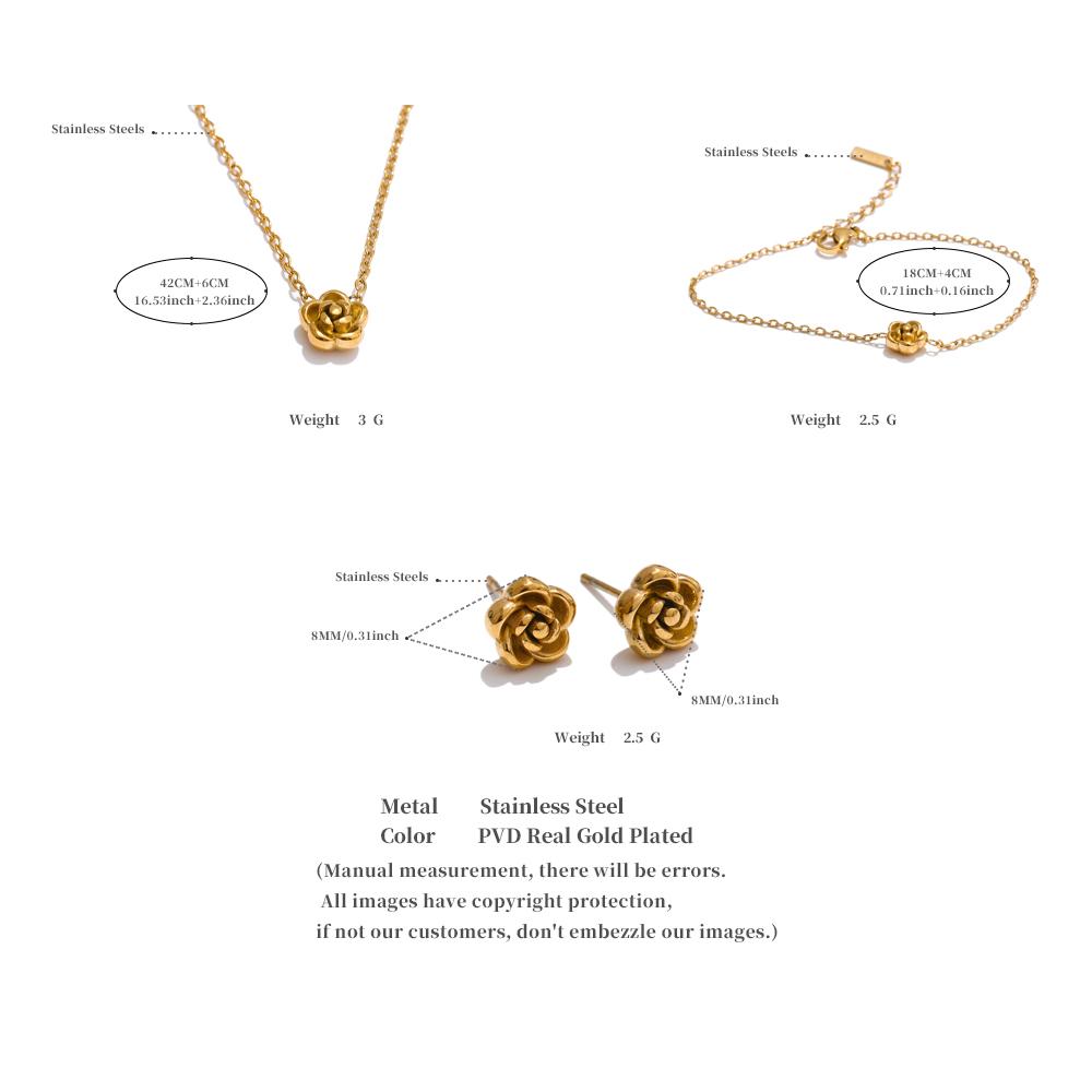 Yhpup Chic Stainless Steel Rose Flower Chain Necklace Bracelet Earrings Set Gold & Platinum PVD Waterproof Plated Daily Jewelry