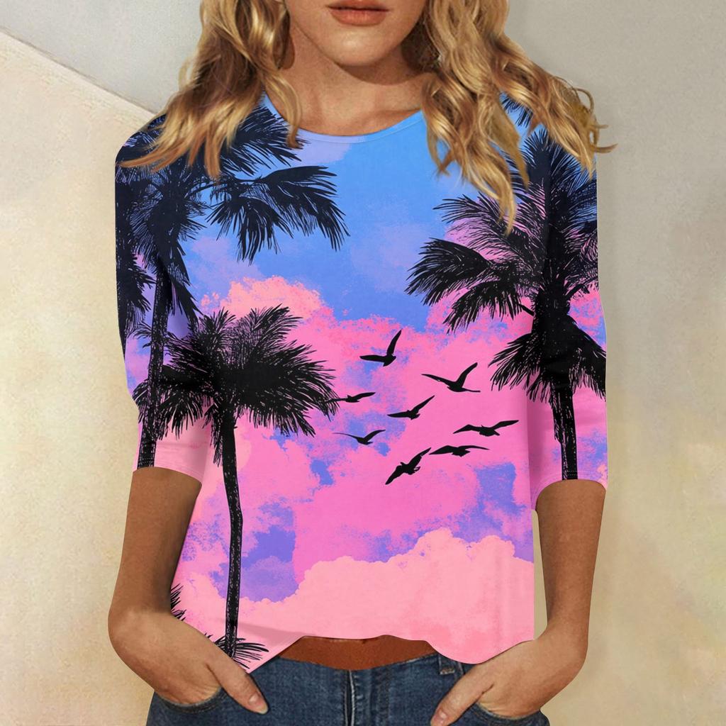 Женская модная повседневная футболка с круглым вырезом и рукавом 3/4, женский топ