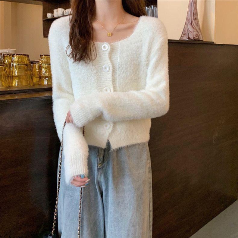 Розовый норковый флисовый свитер, кардиган, женский осенне-зимний высококачественный вязаный топ, милый мягкий клейкий короткий свитер, пальто