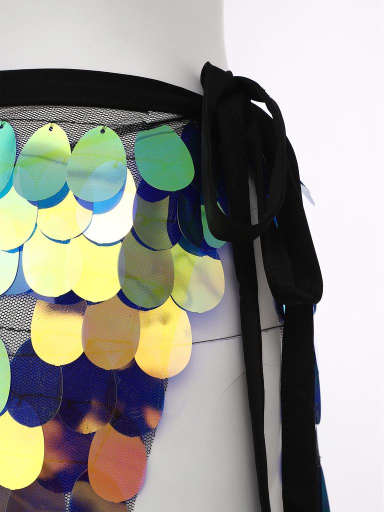 Womens Sparkly Sequin Hip Skirt Belly Dance Costume Lace Up Mermaid Scarf Wrap Halloween Festival Wear