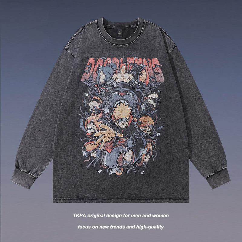 Japanese Retro Cartoon Printing Long-Sleeved Bottoming T-Shirt For Men And Women Hip-Hop Heavy Industry Washing And Doing Old Vintage Long Tee