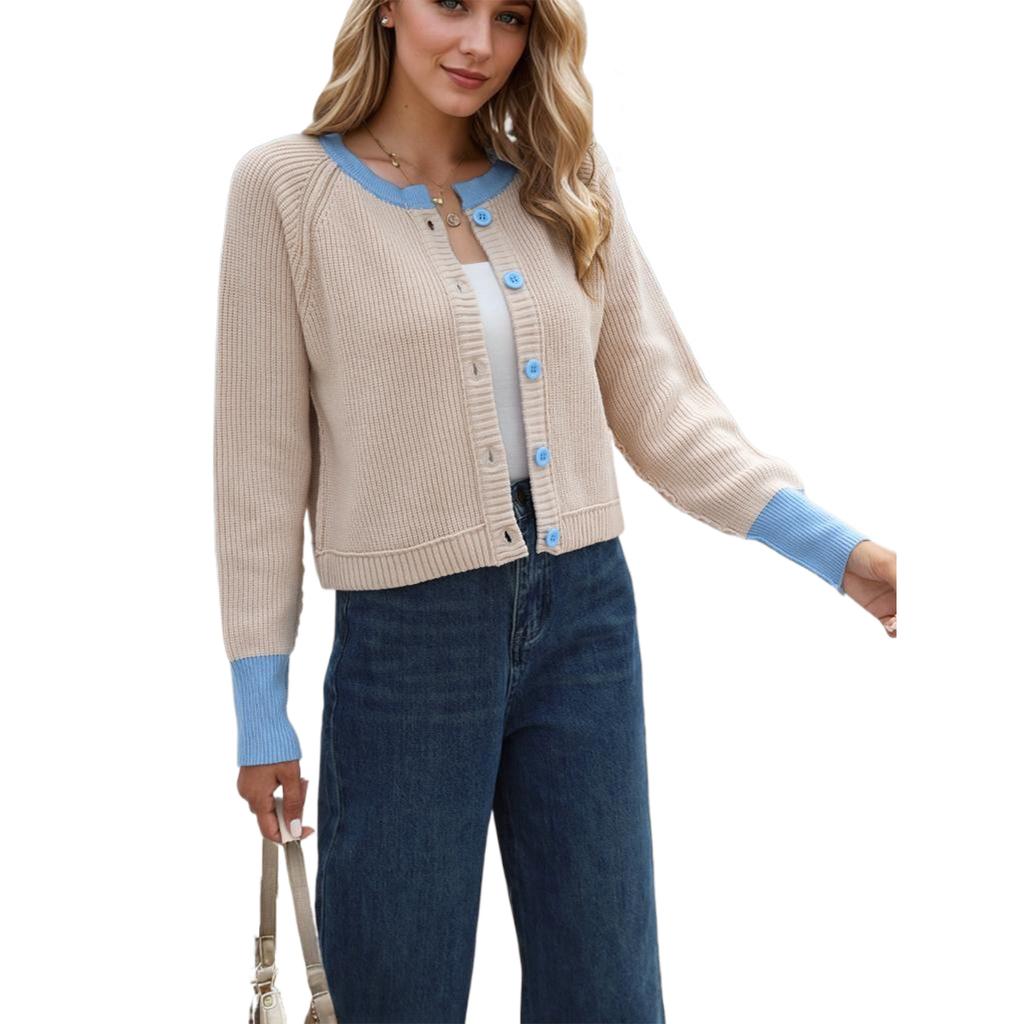 Autumn and Winter Sweater Women's Knitwear Fashion Round Neck Single Row of Buttons Colour Collision Knitted Cardigan Jacket