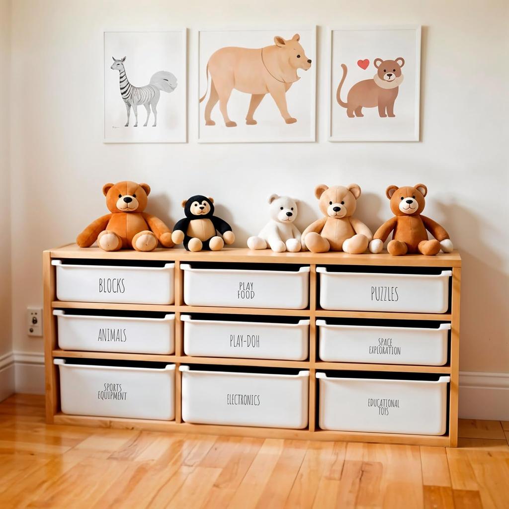 Hygge & Sage Nursery Organization and Kids Room Organization Label Stickers | 144 Clear Preprinted Stickers with Black Print | Easy to Remove Labels