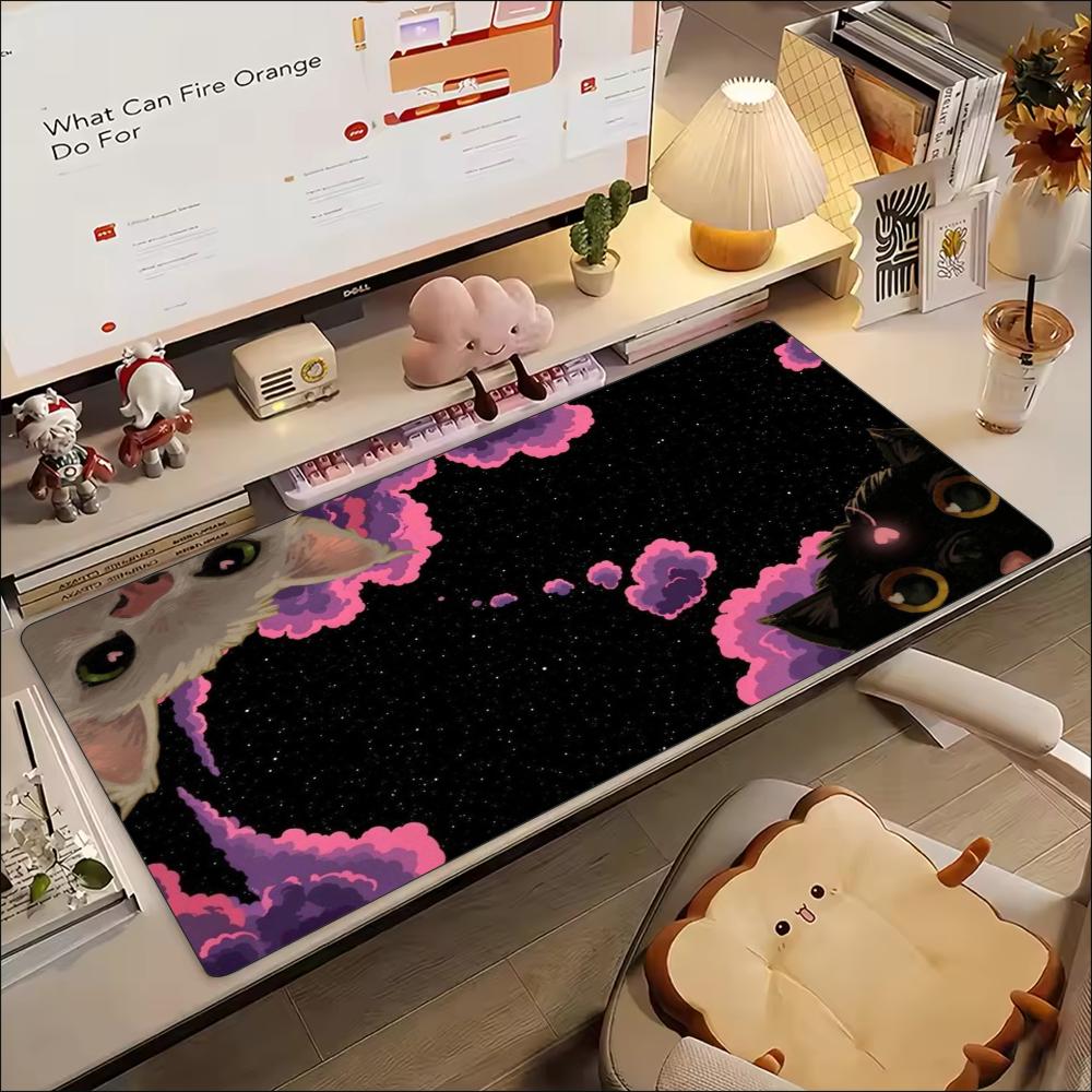 Cute Cat Moon Purple Cloud Galaxy Large Extended Mouse Pad NonSlip Rubber Base With Stitched Edges For Gaming And Office Use