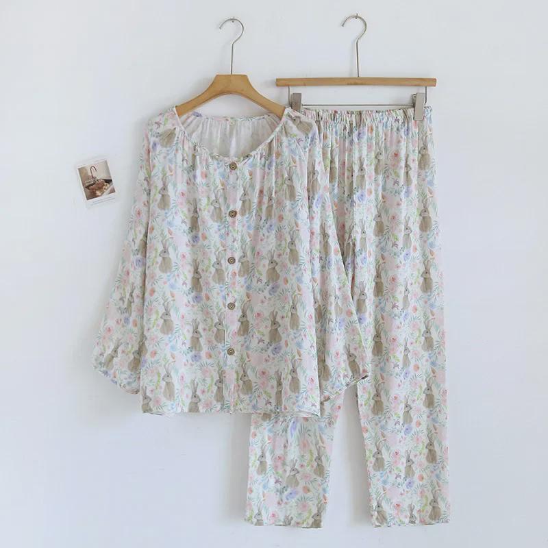 Женский повседневный пижамный комплект из бамбукового волокна - Милый весенне-летний стиль знаменитостей из Интернета с топом с длинными рукавами и брюками