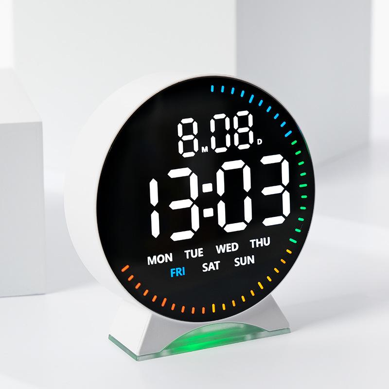 LED Digital Alarm Clock Week Date Second Hand Display Brightness Adjustable 2 Alarms Table Ambient Light 12/24H Electronic Clock