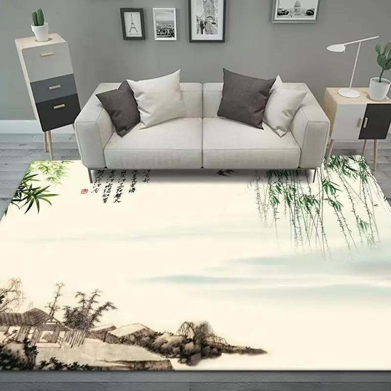 Розовый ковер с пейзажем тушью цветущего персика, элегантный ковер для домашнего декора в китайском стиле с поэтическим очарованием гор и воды для жилого пространства