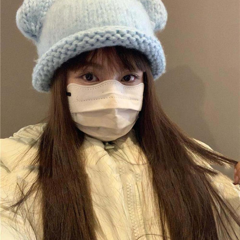 Y2K Knitted Pullover Hat Fluffy Brimless Beanie Cap Fashion Bear Ear Woolen Hat Keep Warm