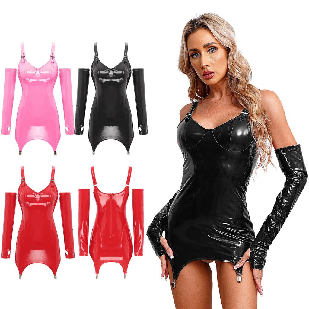 Женское глянцевое облегающее платье из лакированной кожи с регулируемыми бретелями на молнии сзади, мини-платье с рукавами, сексуальная клубная одежда